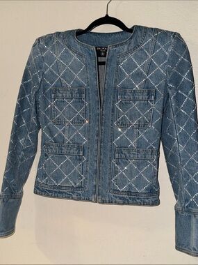 Balmain Blue Denim Quilted Crystal-Embellished Jacket